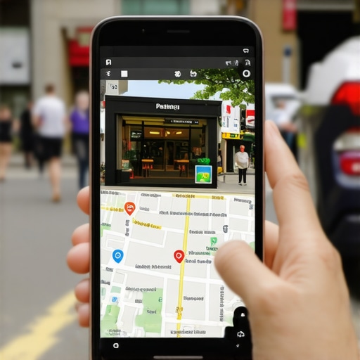AR overlay of local map with business markers in cityscape