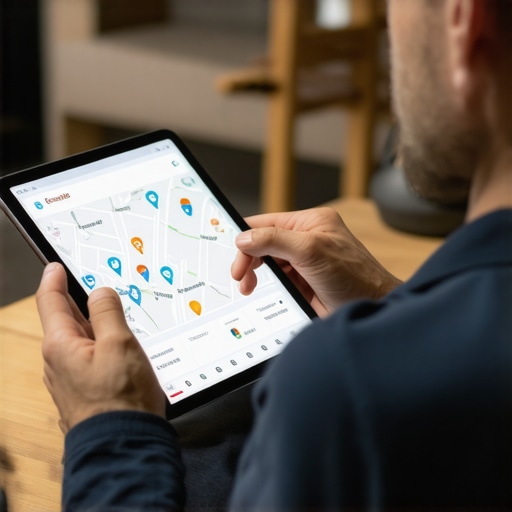Business owner reviewing local SEO analytics on tablet