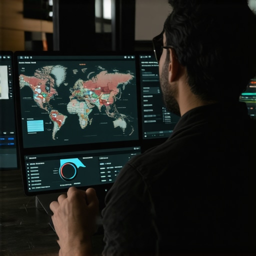 Analyzing Local SEO Metrics for Map Optimization Business owner reviewing SEO analytics and maps on digital dashboard.