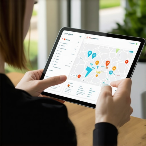 Business Owner Analyzing Local SEO Data Business owner reviewing local SEO analytics and maps on a digital tablet.