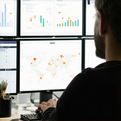 Digital marketer analyzing local SEO analytics on screens.