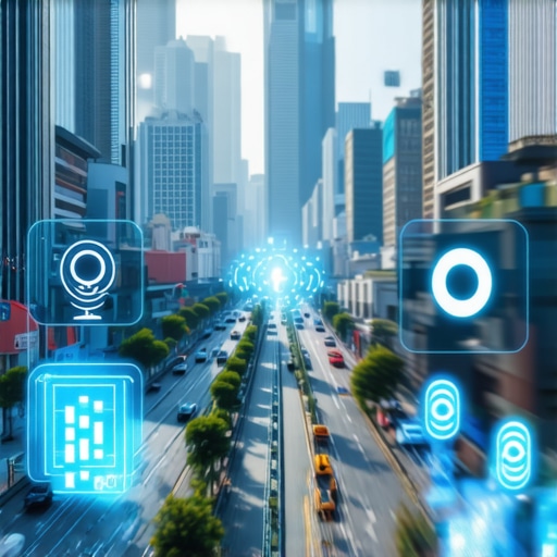 Cityscape with augmented reality overlays and voice search icons representing advanced local SEO technologies