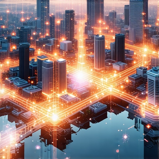 Futuristic map with AI analytics and cityscape