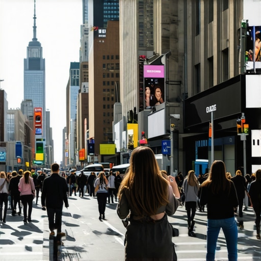 AR Shopping Experience Enhancing Local SEO Augmented reality shopping overlay on city street for local business promotion