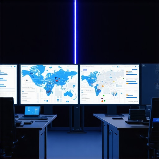 Futuristic office with digital maps and analytics screens displaying local SEO data.