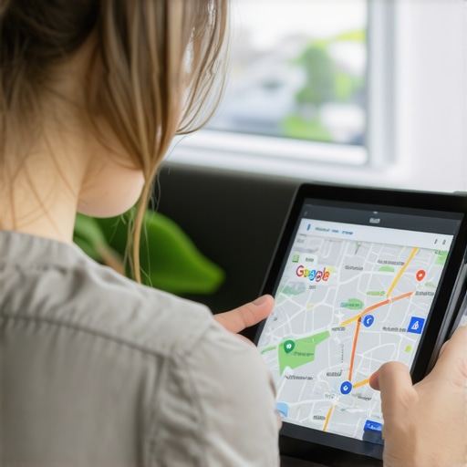 Business owner reviewing Google Maps analytics with digital maps and data