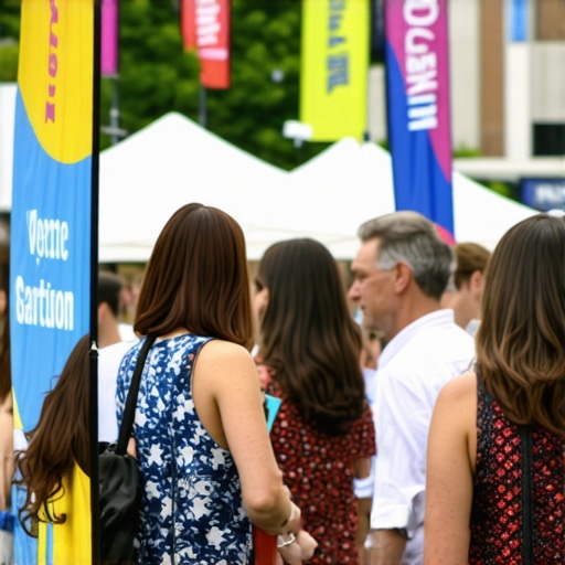 Local community gathering with business banners and audience