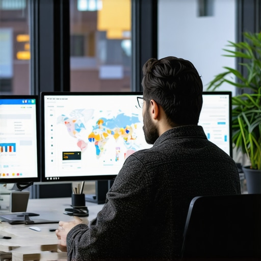 Marketer analyzing local SEO data on screens with maps and charts.