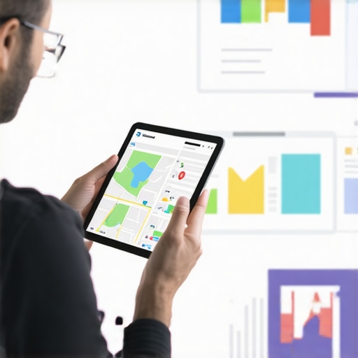 Business owner reviewing local SEO analytics on a tablet with maps and charts