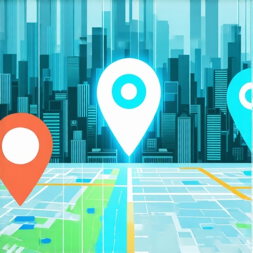 Futuristic city with digital maps and local search indicators