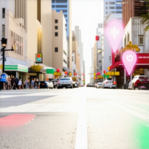 Future of Local Search with AR and AI City street with augmented reality overlays and voice search icons demonstrating advanced local search technology