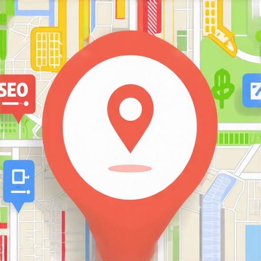 Detailed map of a neighborhood with icons representing local SEO and community engagement