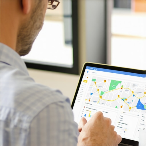 Business owner reviewing local SEO analytics on a laptop in office.