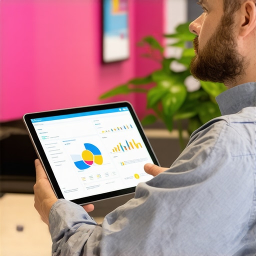 Business owner analyzing local SEO data on digital tablet in an office setting