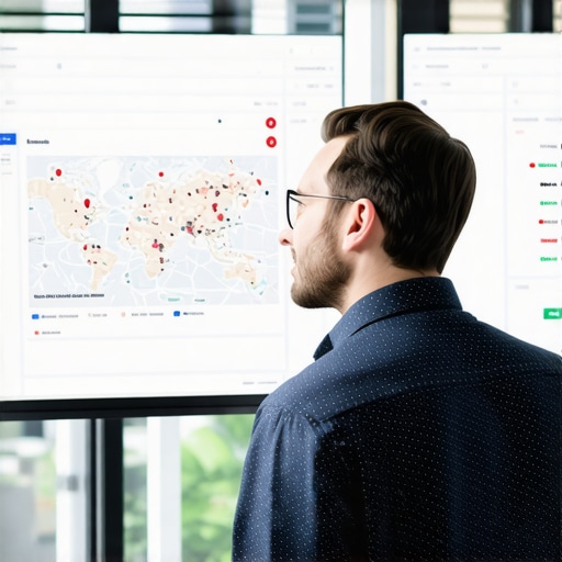 Local SEO Analytics Dashboard Business owner reviewing local SEO data on digital dashboard with Google Maps elements