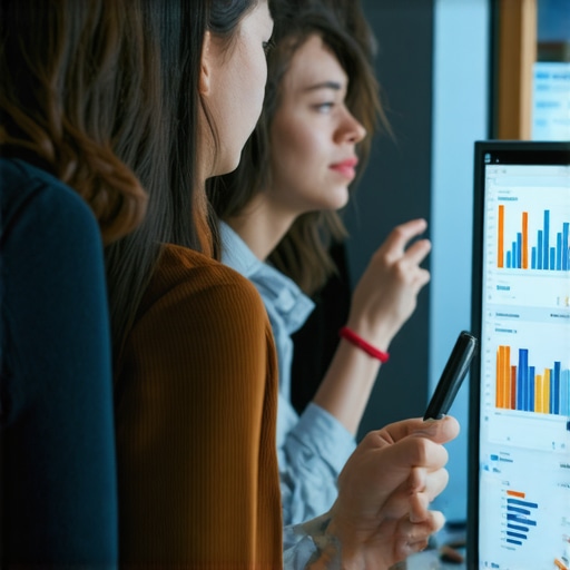 Business owners analyzing data on a digital screen to illustrate AI-driven local SEO strategies.