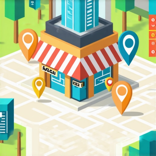 Digital art showing a business surrounded by maps, SEO icons, and data streams illustrating map ranking strategies.