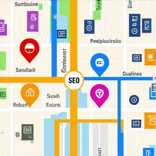 City map with icons representing local businesses optimized for SEO