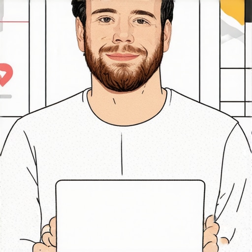 Business owner using a laptop with schema markup and voice search icons on screen.