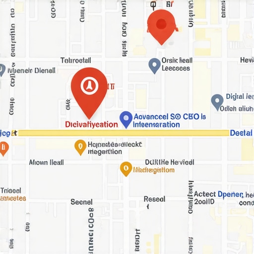 Map with business markers illustrating remote search optimization and digital integration.