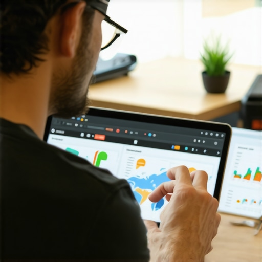 Business owner reviewing SEO analytics dashboard with maps and performance charts.