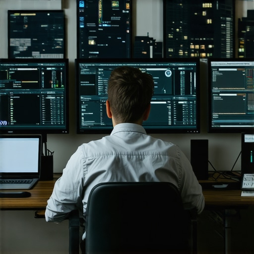 Person reviewing SEO analytics on computer screens in a modern workspace.