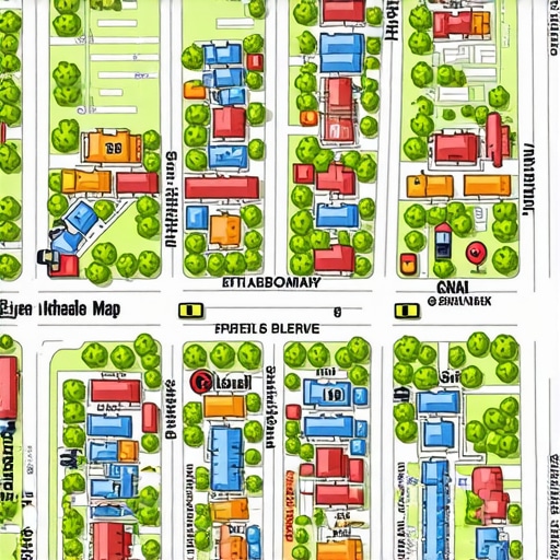 Colorful neighborhood map emphasizing local landmarks and community stories.