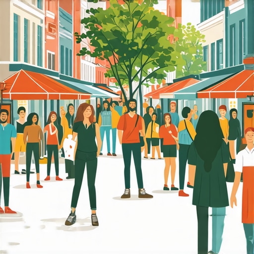 Local businesses engaging with residents in a vibrant neighborhood.