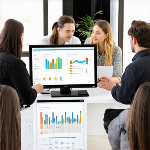 Data Analytics Dashboard for Local SEO Business team reviewing data analytics and sentiment insights on computer screens.