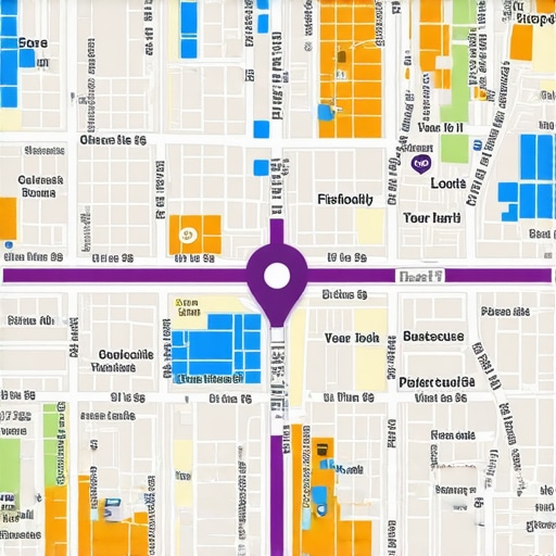 Digital map showing highlighted local businesses in a cityscape