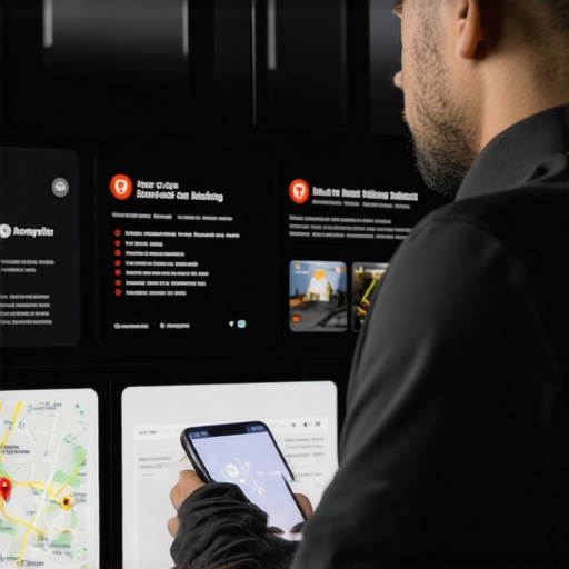 A storefront with AR overlay and analytics dashboards showing localized search data.