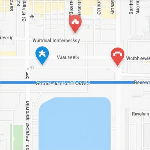 Illustration of geospatial map with local business markers and engagement icons.