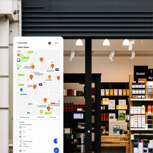 A storefront with digital overlays of map and SEO icons