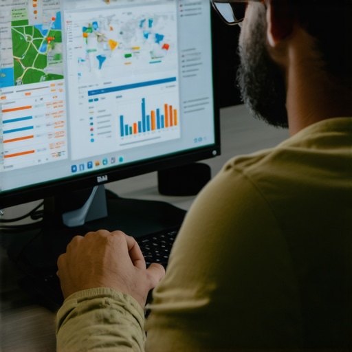 Local Business SEO Analytics Business owner analyzing local SEO performance with maps and charts