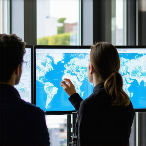 A team of local business professionals reviewing geographic and analytics data on digital screens in a conference room.