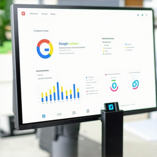 Business owner working on Google My Business dashboard with analytics visuals