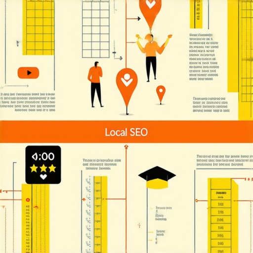 Infographic illustrating advanced local SEO tactics for 2026, with maps, reviews, and community engagement elements.