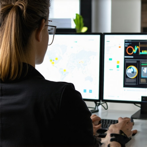 SEO analyst reviewing local SEO data and maps on computer screens.