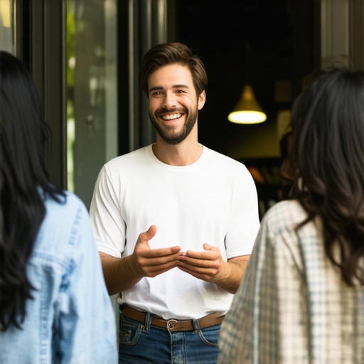 Business owner interacting with happy customers outside storefront