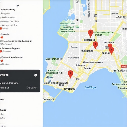 Digital map displaying local business listings with rich snippets and schema data annotations.