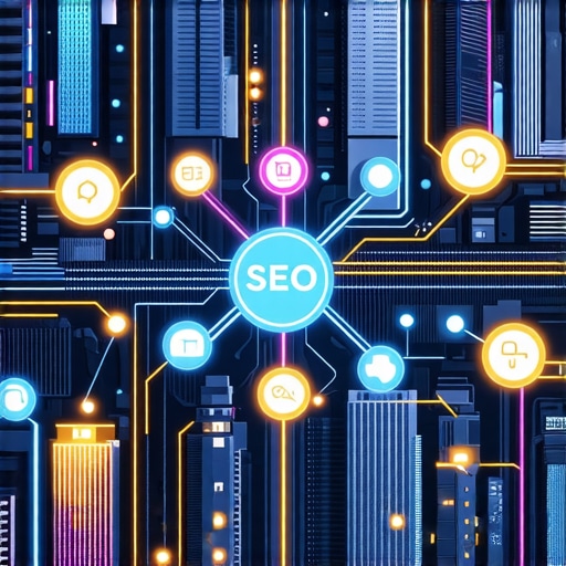 Futuristic city with digital maps and AI icons symbolizing advanced local search optimization.