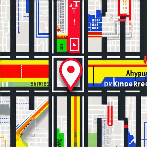 A digital map with augmented reality markers highlighting local businesses in a futuristic cityscape.