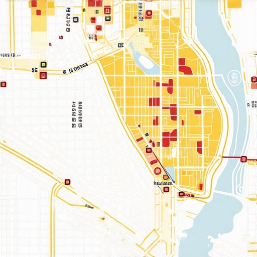 Illustration of a map with layered data points, analytics heatmaps, and demographic information indicating local consumer behaviors.
