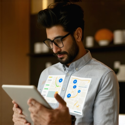 Business owner reviewing local SEO map rankings with analytics tools.