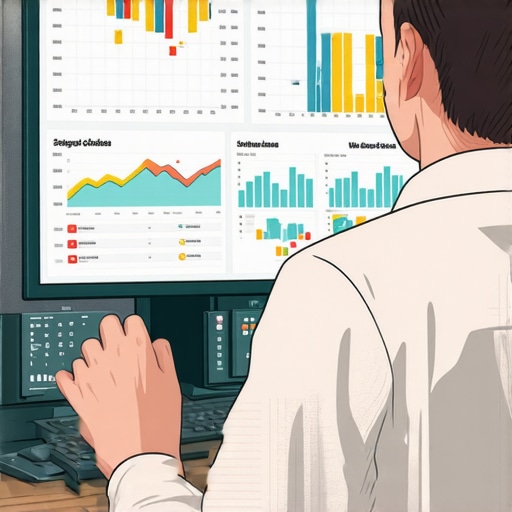 Local Business SEO Dashboard Business owner reviewing SEO analytics on digital screen with city view