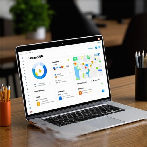 A professional workspace with a laptop showing local SEO and map analytics.