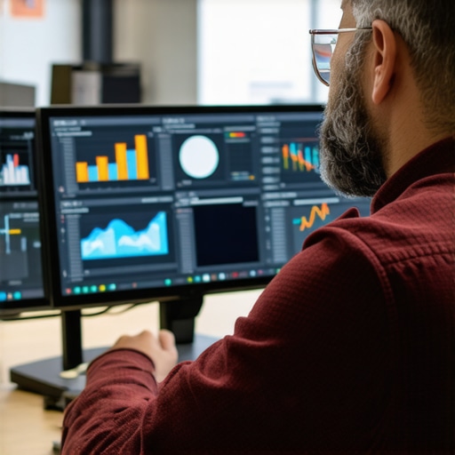 Business owner reviewing AI-driven local SEO analytics dashboard in a modern office