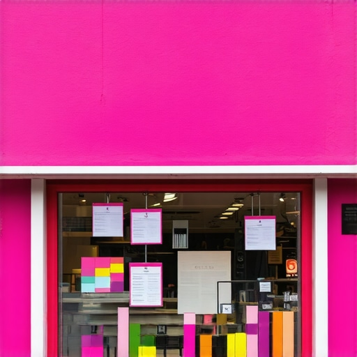 Futuristic cityscape with digital marketing graphics and storefronts