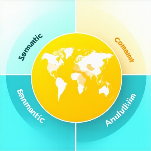 Diagram showing interconnected elements of geospatial analytics, semantic content, AI personalization, and visual media in local SEO.