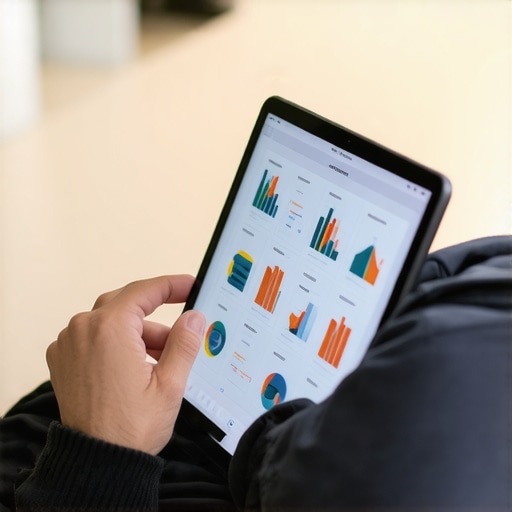 Person reviewing local SEO analytics on tablet in community environment.